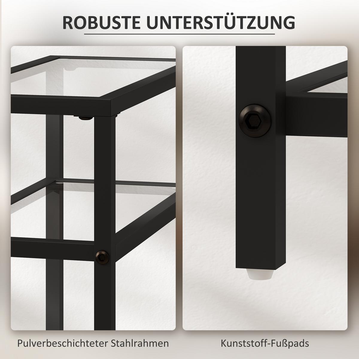 BEISTELLTISCH kleiner Couchtisch mit 3 Ebenen, Tischplatte aus Hartglas Schwarz - Schwarz, Metall (40/18/62cm) - HOMCOM