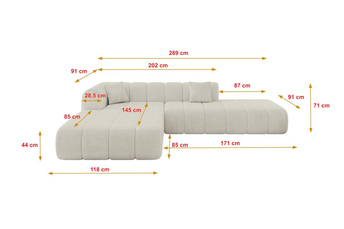 ECKSOFA Ottomane Links BILA-L 289x176x71 Creme Cord - Creme/Schwarz, Holzwerkstoff/Kunststoff (176/289cm) - ALTDECOR