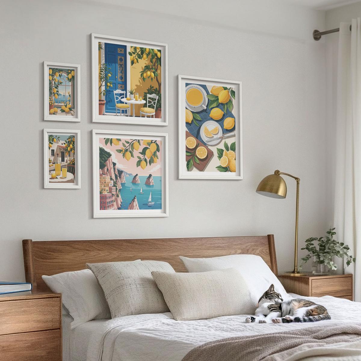 BILDER SET 5er Set - 50x50 cm & 20x30 cm & 40x60 cm Weißer Rahmen - Berge, rosa Himmel, Wasser, Sukkulente - Weiß, Kunststoff (40/60cm) - TULUP