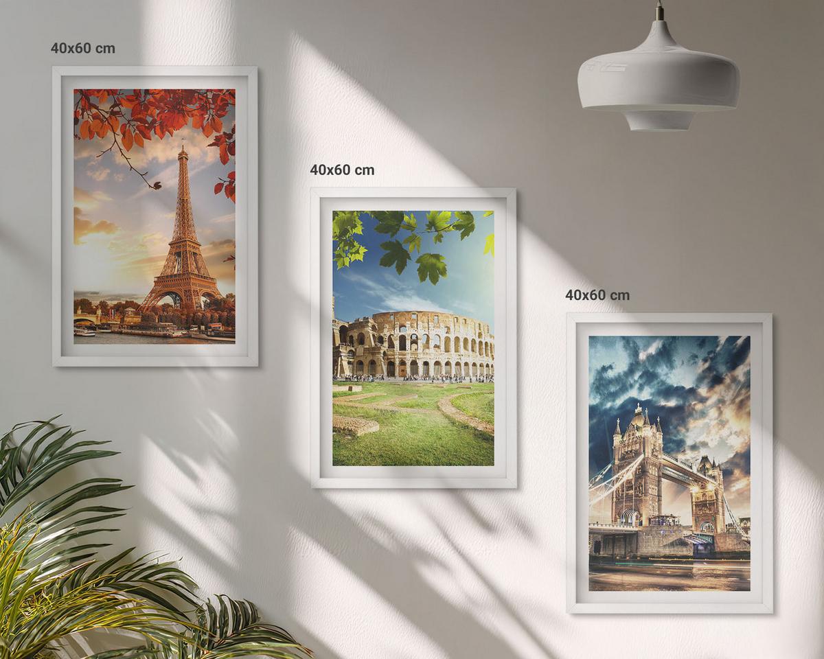 BILDER SET 3er Set - 40x60 cm Weißer Rahmen - Denkmäler Europas - Weiß, Kunststoff (40/60cm) - TULUP