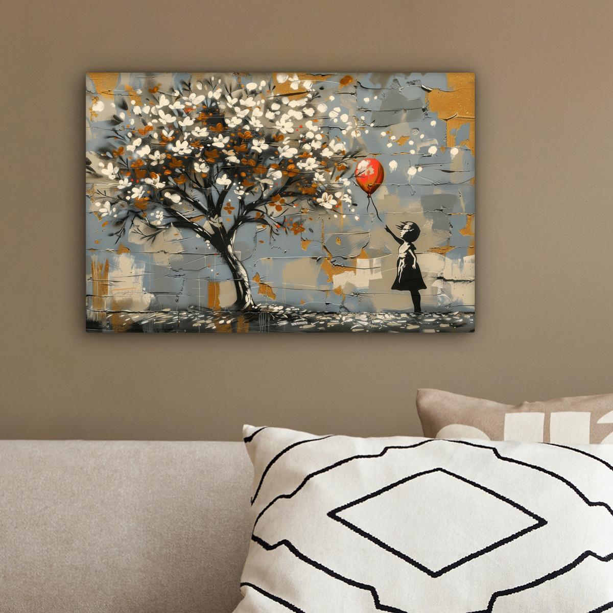 LEINWANDBILD Baum - Graffiti - Banksy-Stil - Ballon-Mädchen Deko Schlafzimmer 30x20 cm - Blaugrau, Textil (30/20cm) - MuchoWow