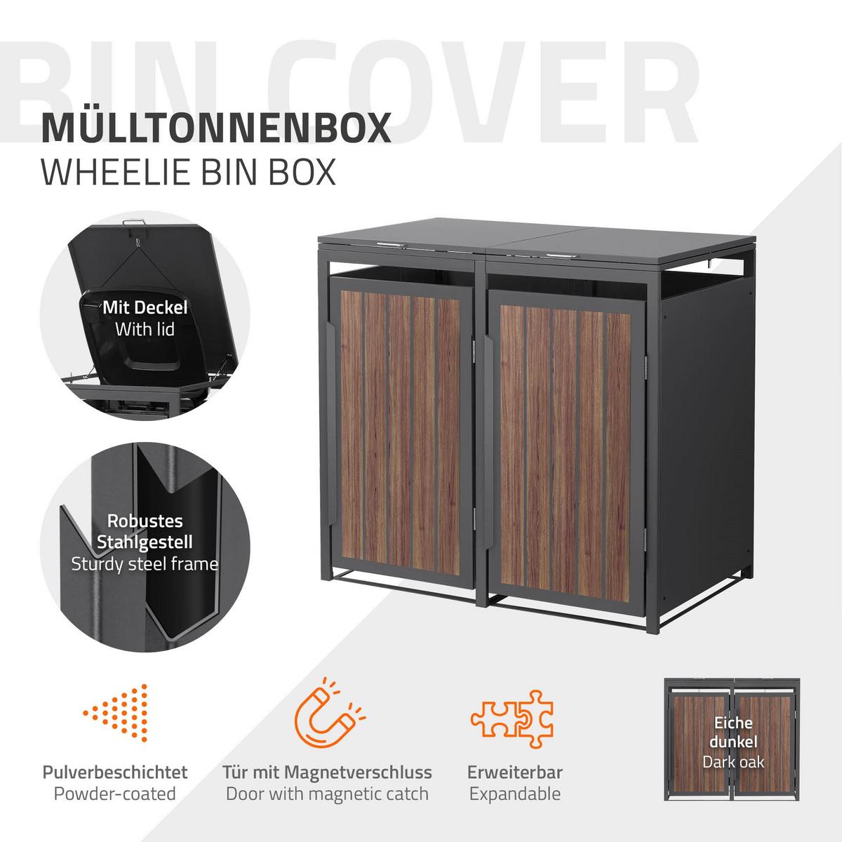 MÜLLTONNENBOX 2er 240L 132x80x120 cm Anthrazit-Eiche dunkel aus Stahl - Dunkelbraun, Metall (80/120/132cm) - ML-DESIGN