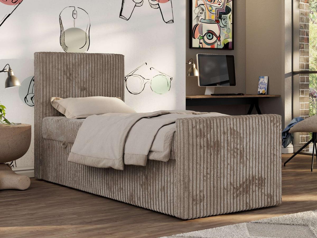 JUGENDBETT TILIO DUO 90/200 - Hellbraun Cord - H3 - Links Seite - Hellbraun, Textil (90/200cm) - MKS
