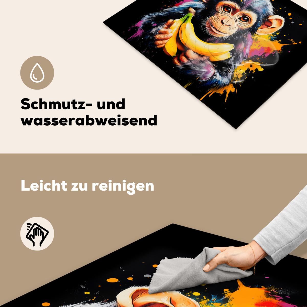 HERDABDECKPLATTE Affe - Graffiti - Farbenfroh - Bananen - Modern Herdabdeckung Induktionsfeld 65x52 cm - Gelb, Kunststoff (65/52/0.2cm) - MuchoWow