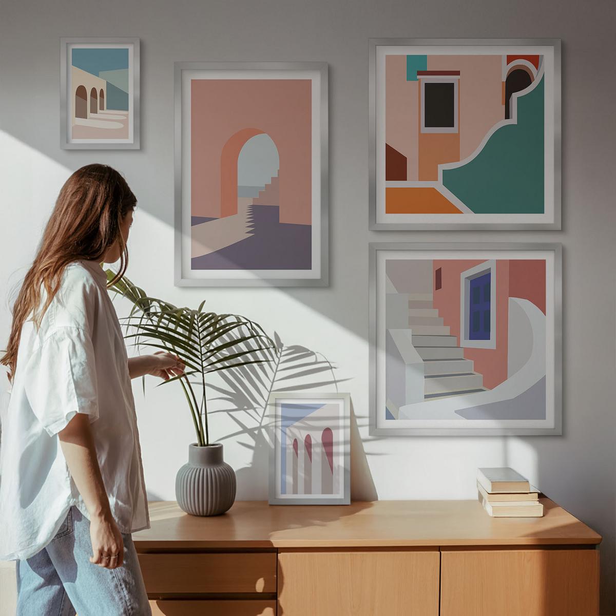 BILDER SET 5er Set - 50x50 cm & 20x30 cm & 40x60 cm Silberner Rahmen - Minimalistische Pastellgrafiken - Silberfarben, Kunststoff (40/60cm) - TULUP