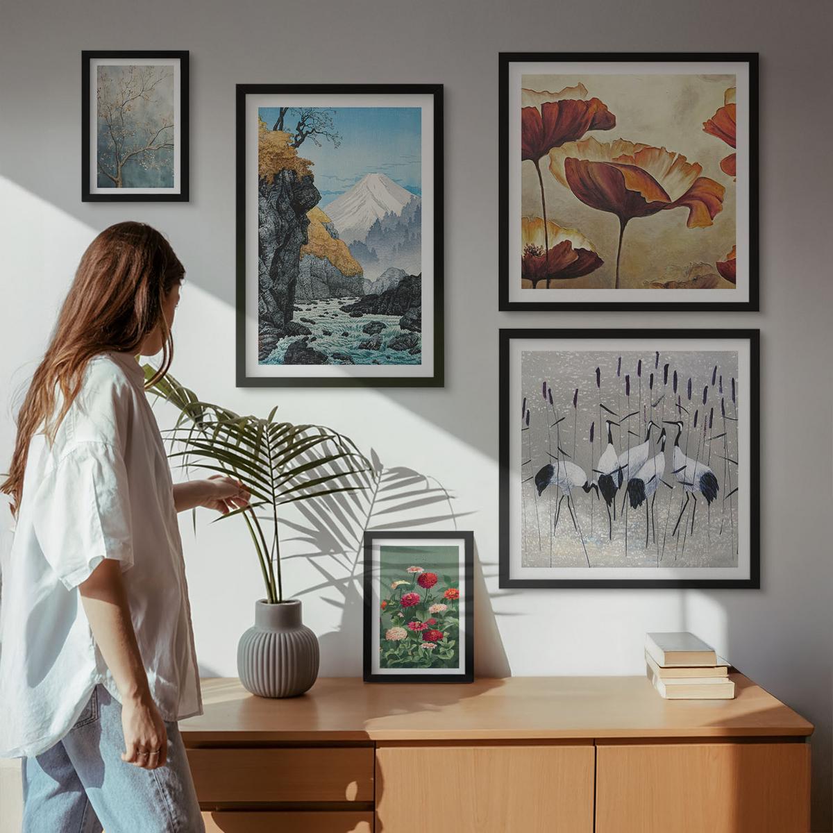 BILDER SET 5er Set - 50x50 cm & 20x30 cm & 40x60 cm Schwarzer Rahmen - Tropische Pflanzen, Pflanzenliebhaberin - Schwarz, Kunststoff (40/60cm) - TULUP