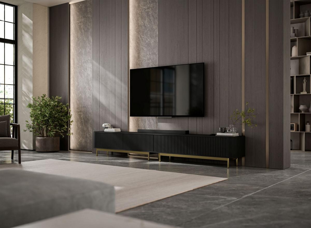 TV-LOWBOARD 2er-Set Aurora Schwarz matt 280 cm mit Metallrahmen - Goldfarben/Schwarz, Holzwerkstoff/Metall (280/44/35cm) - Meble Lindner