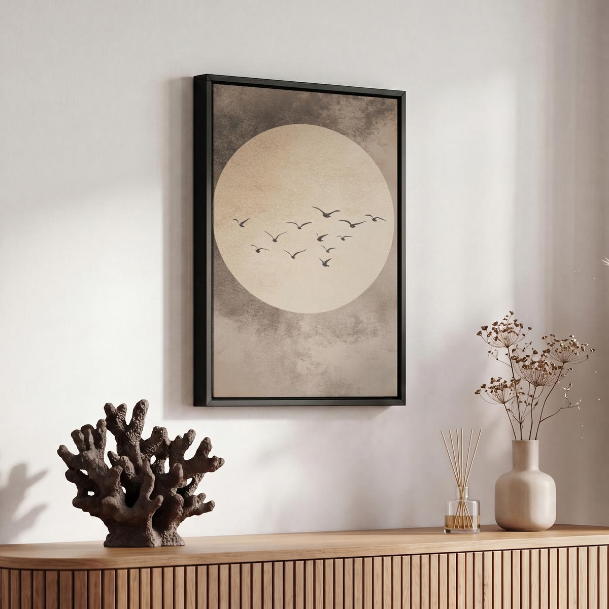 LEINWAND Bilder mit Rahmen - Vogel - Beige - Japanisch - 20x30 - Taupe, Textil (20/30cm) - MuchoWow
