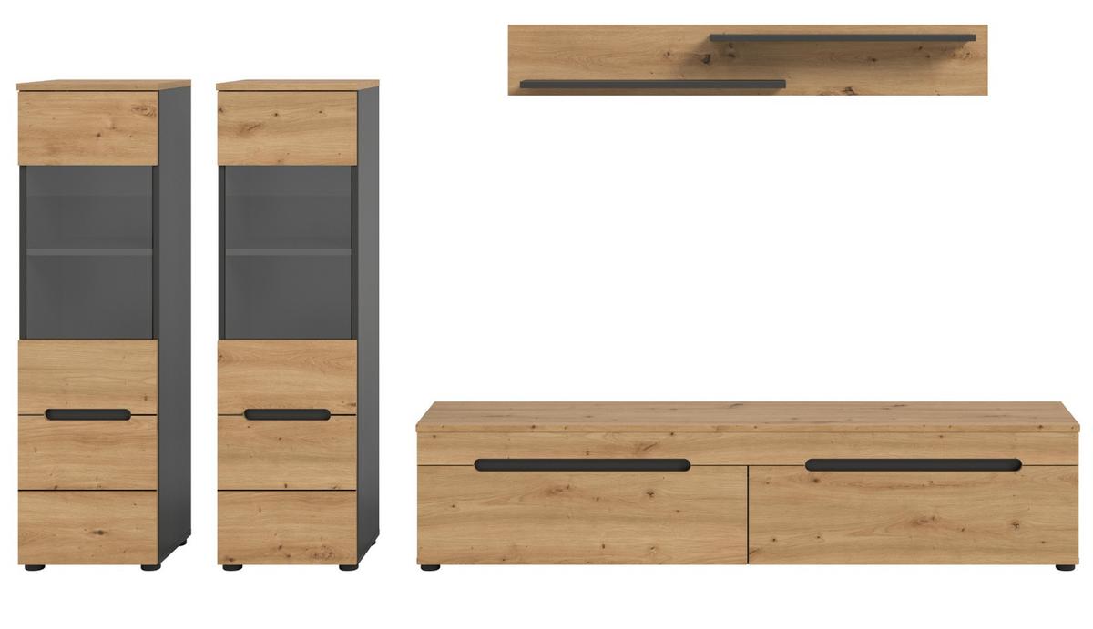WOHNWAND Eiche Artisan und Grau, Schrankwand 270 cm hängend oder stehend, Soft-Close - Schwarz/Eiche Artisan, Glas/Holzwerkstoff (272/141/33cm)