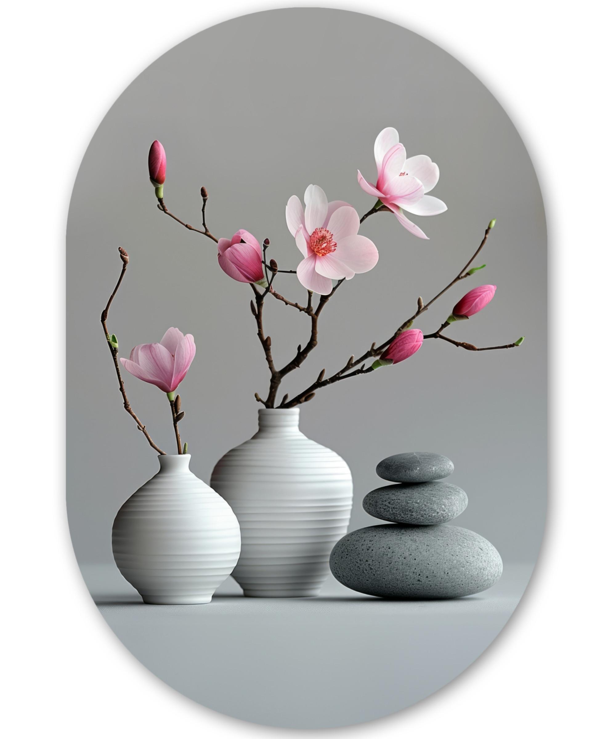 WANDBILD Magnolie - Blumen - Rosa - Zen-Steine Deko Groß 80x120 cm - Hellgrau, Kunststoff (80/120cm) - MuchoWow
