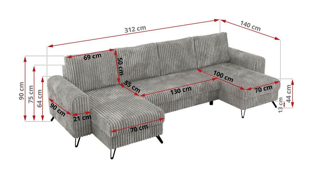 WOHNLANDSCHAFT AXEL U Cord Hellgrau - Hellgrau/Schwarz, Textil/Metall (312/90/140cm) - MKS