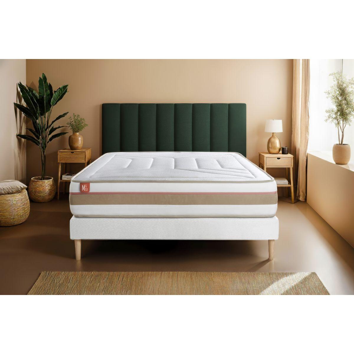 BETT Le Tendre Taschenfederkern und Memory-Schaum 160 x 200 cm h1 - Kit Bettgestell Weiß - Mit Kissen und Bettdecke - Beige/Weiß, Karton/Holz (160/200cm) - Marmottes & Co