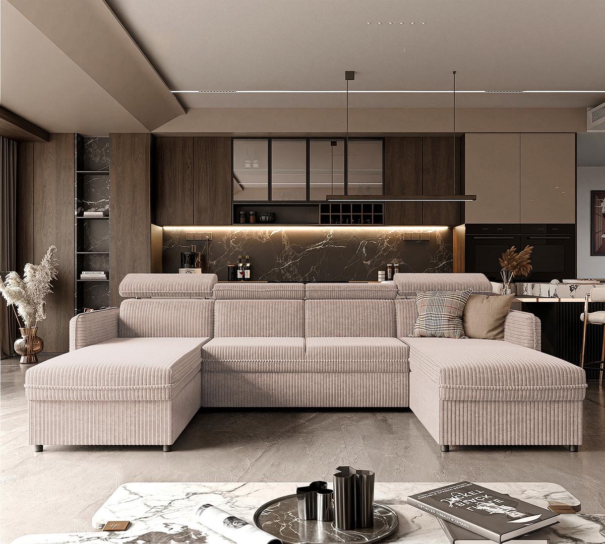 WOHNLANDSCHAFT U-Form Beni mit Schlaffunktion, Cord-Stoff Poso 100 Beige - Beige, Holzwerkstoff (286/60/166cm) - Idohome