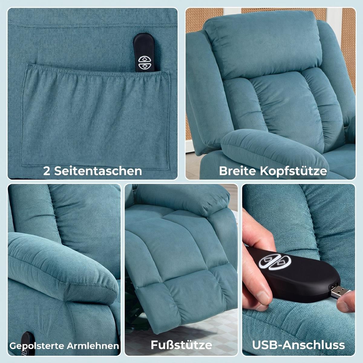 FERNSEHSESSEL-MIT-AUFSTEHHILFE Polyester Stahl Blau - Blau/Schwarz, Textil/Metall (92/105/94cm) - HOMCOM