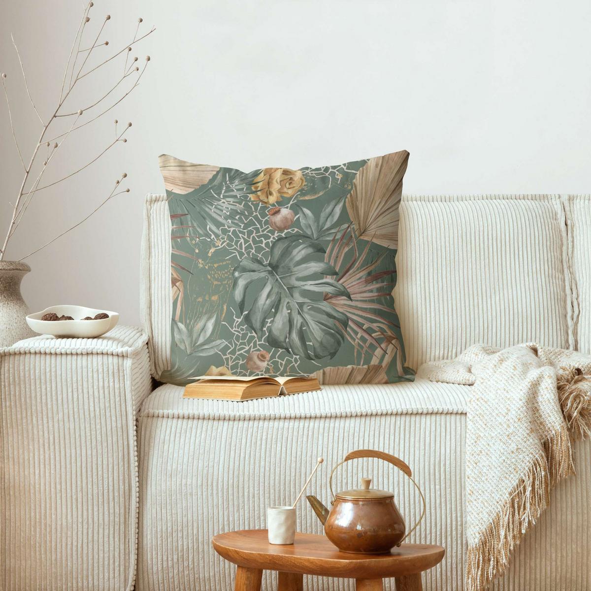 KISSENBEZUG Große Blätter mit Rosen vor Grün 50/50 cm - Grün, Textil (50/50cm) - Bilderwelten