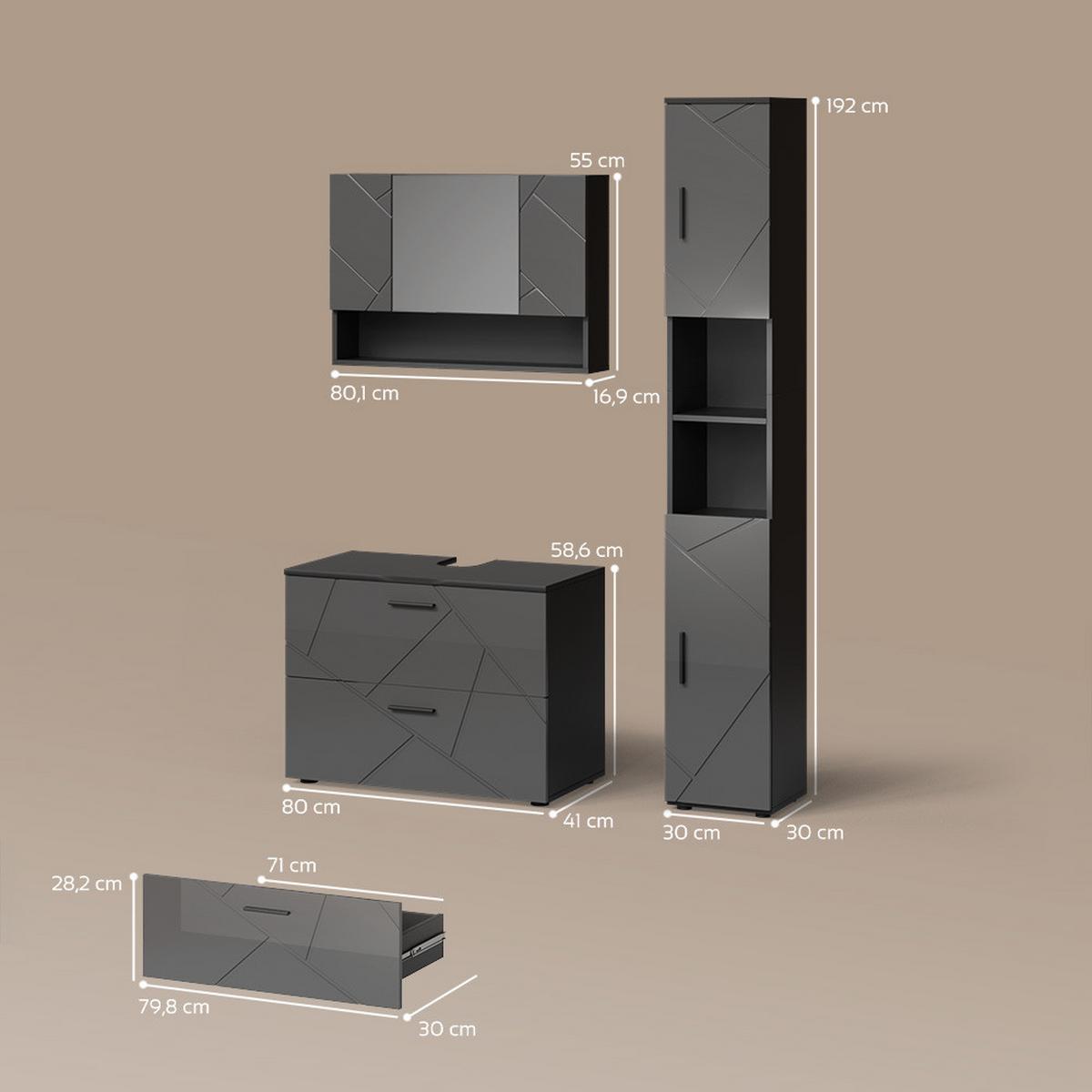 BADMÖBEL-SET Ronco Anthrazit Hochglanz 3 Teile, mit Spiegelschrank 80 cm - Schwarz Hochglanz, Holzwerkstoff (41/80/58cm) - Livinity®