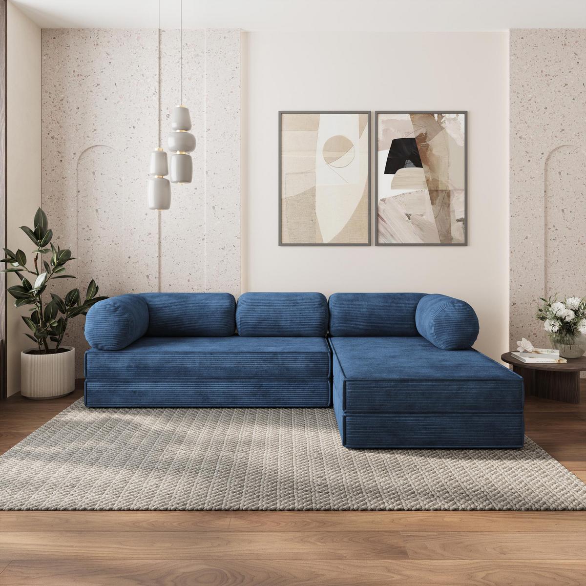 ECKSOFA ETERA modulares Boneless Sofa mit Schlaffunktion Blau Kordstoff - Blau, Textil (270/160cm) - MASSENO