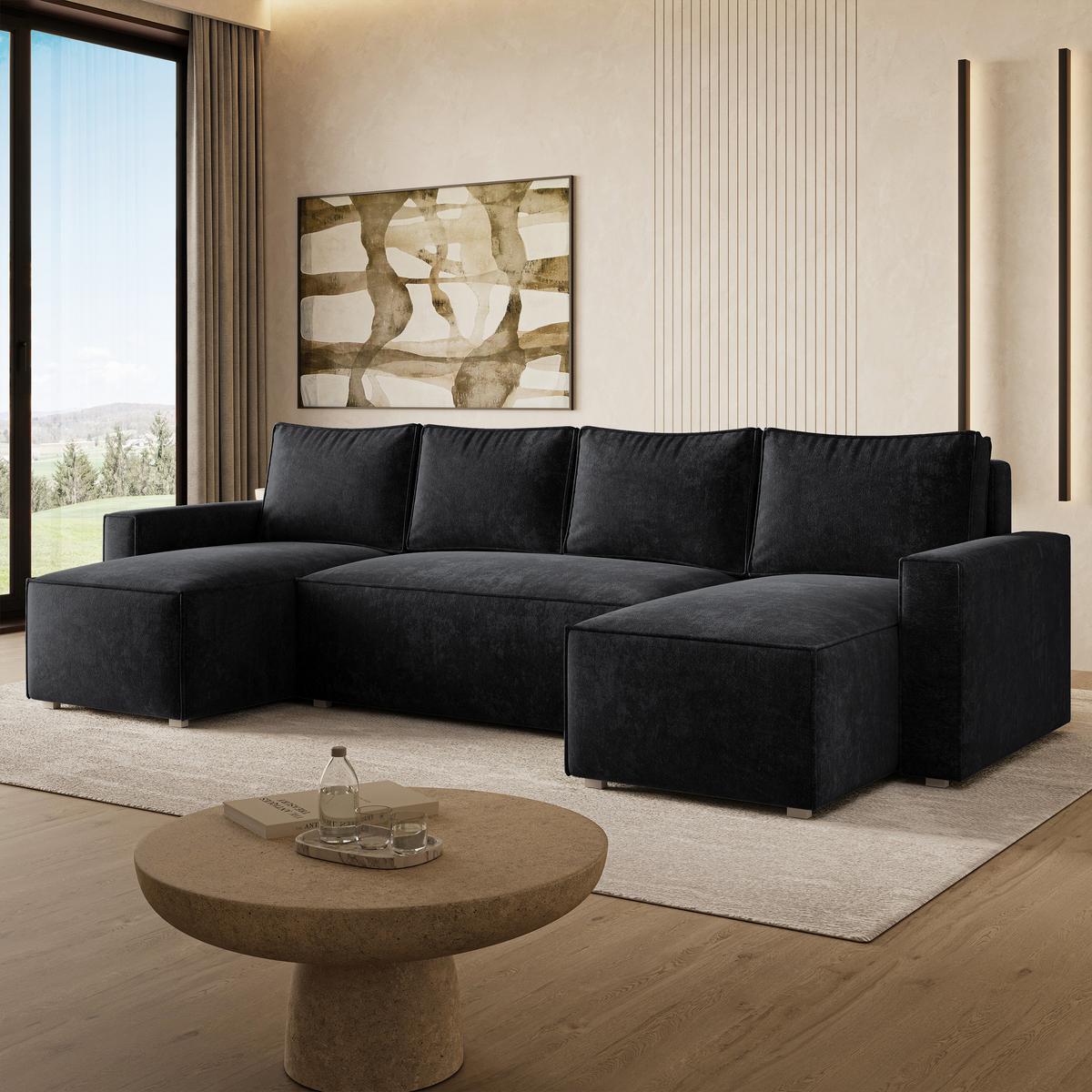 WOHNLANDSCHAFT ASPRA LM Schwarz Chenille mit Schlaffunktion - Schwarz, Holz (295/85/140cm) - MASSENO