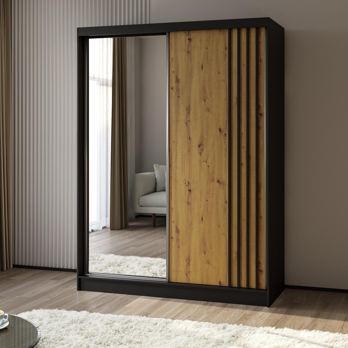 SCHWEBETÜRENSCHRANK NELVIA 160/216/61 cm 2-türig mit Spiegel Schwarz - Schwarz/Eiche Artisan, Holzwerkstoff (160/216/61cm) - MASSENO
