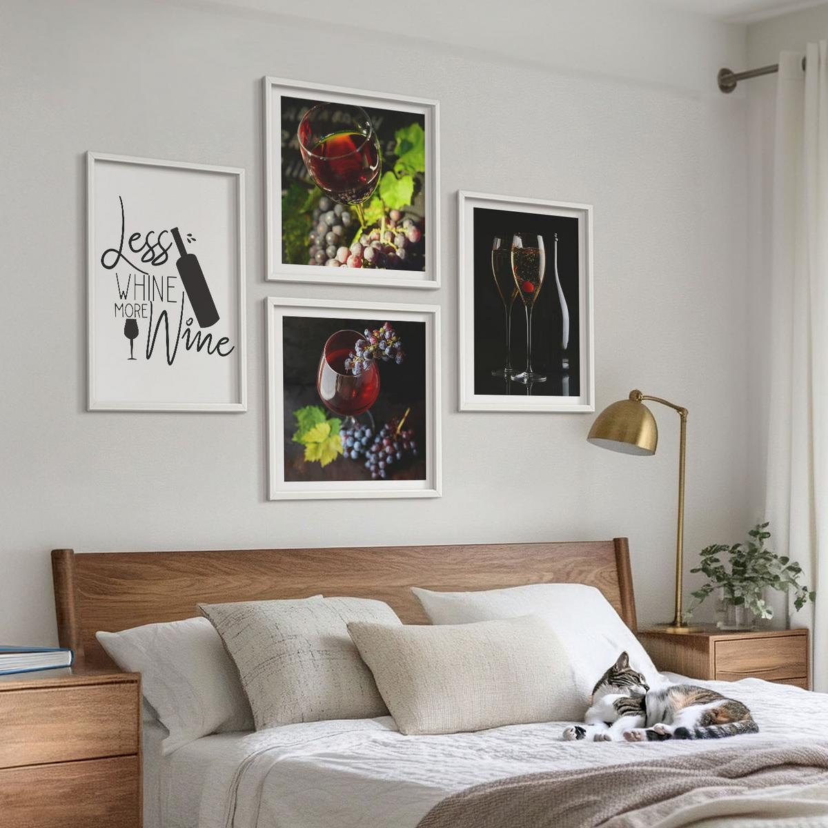 BILDER SET 4er Set - 50x50 cm & 40x60 cm Weißer Rahmen - Weingläser mit Trauben und Inschrift - Weiß, Kunststoff (50/50cm) - TULUP