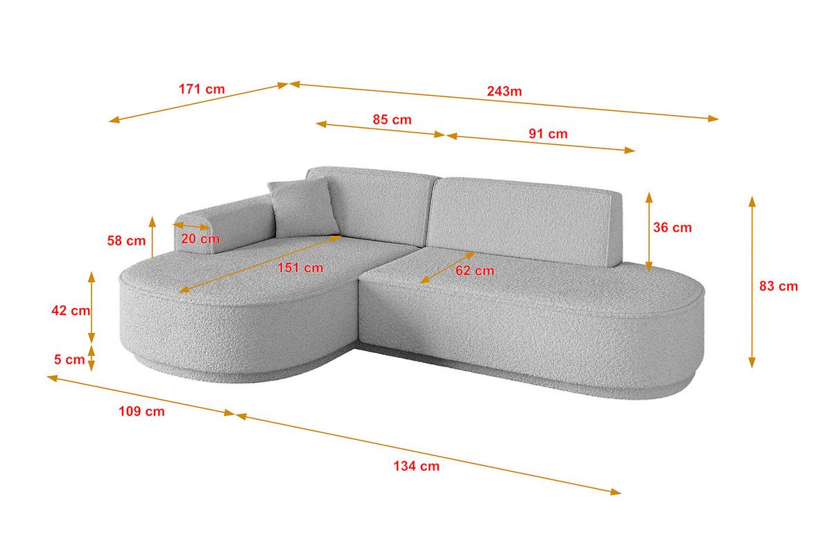 ECKSOFA Ottomane Links MARI-L1-v3 - 243x171x83 cm Hellgrau Bouclé - Hellgrau/Schwarz, Holzwerkstoff/Kunststoff (243/171cm) - ALTDECOR