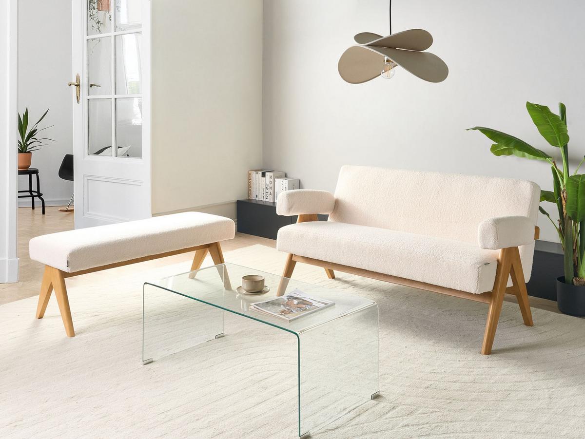 SOFA-SET Bouclé Cremeweiß/Hellbraun Tamre - Creme/Weiß, Textil (148/79/78cm) - Beliani