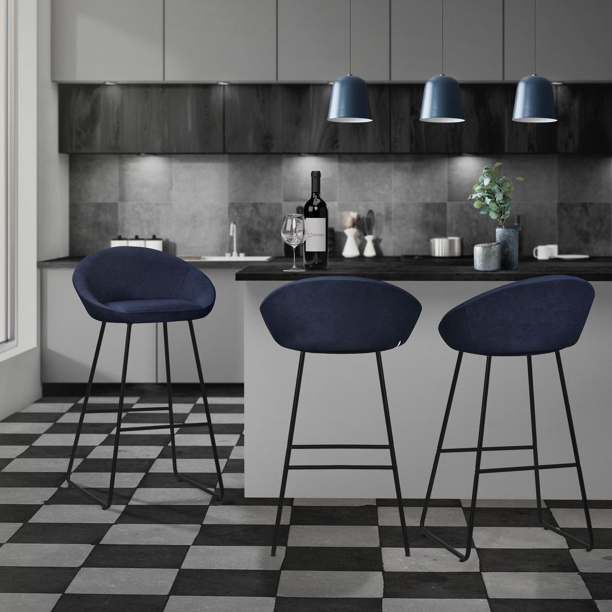 BARHOCKER 2er Set Dunkelblau mit Stoffbezug - Schwarz/Dunkelblau, Metall (56/94/50cm) - ML-DESIGN