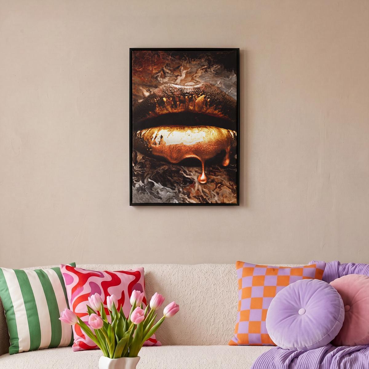 LEINWAND Bilder mit Rahmen - Gold - Lippen - Kunst - Gold - Luxus - Abstrakt - 40x60 - Kupferfarben, Textil (40/60cm) - MuchoWow