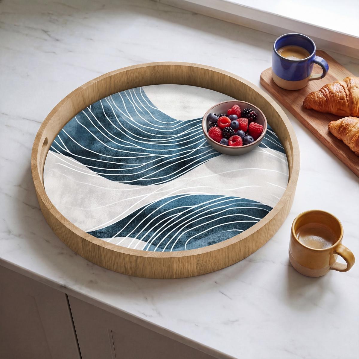 TABLETT Linien - Wellen - Abstrakt - Grau 50x50 cm - Blau, Holz (50/5/5cm) - OnlyWow