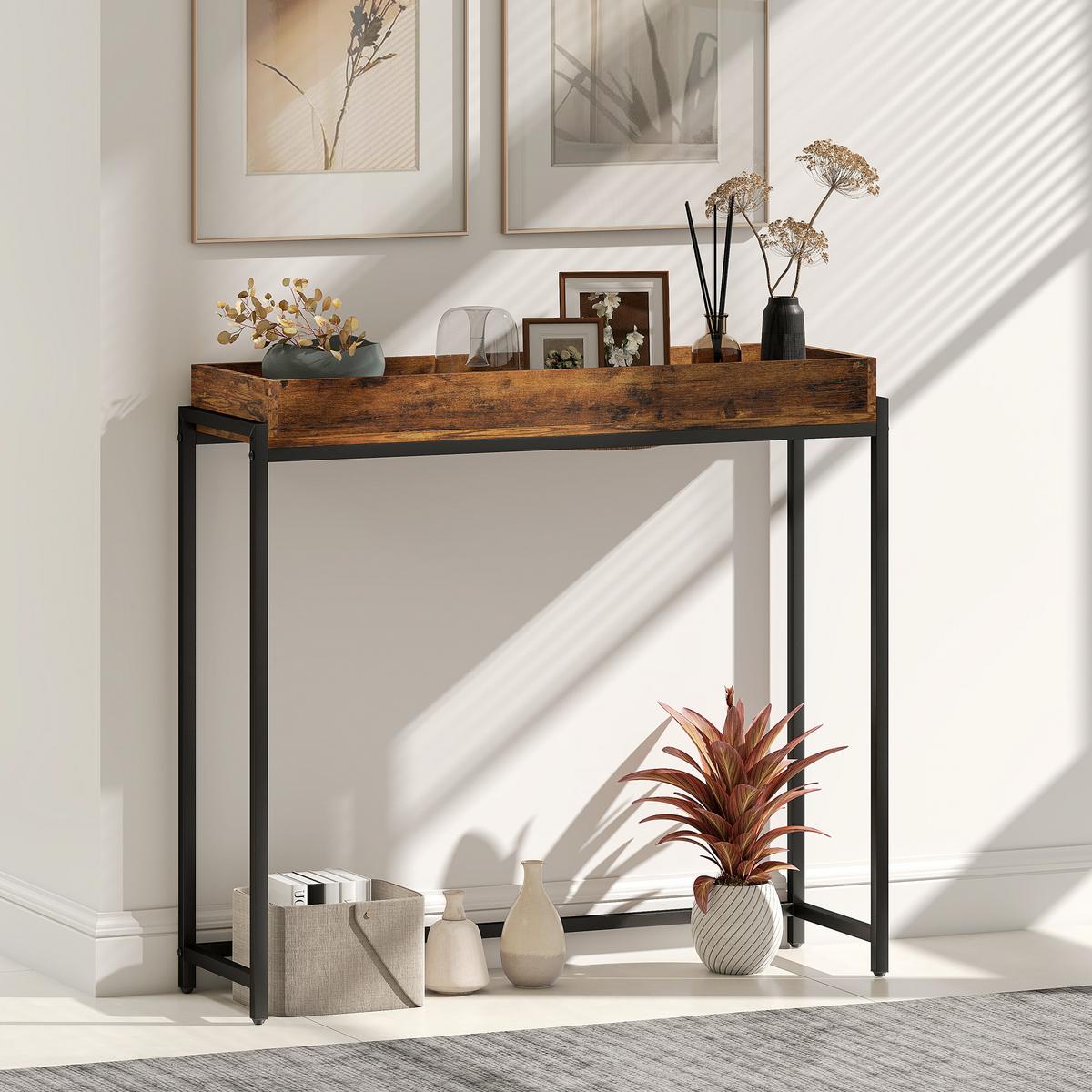 KONSOLENTISCH mit Geländer, Braun - Schwarz/Braun, Metall (100/30/91cm) - HOMCOM