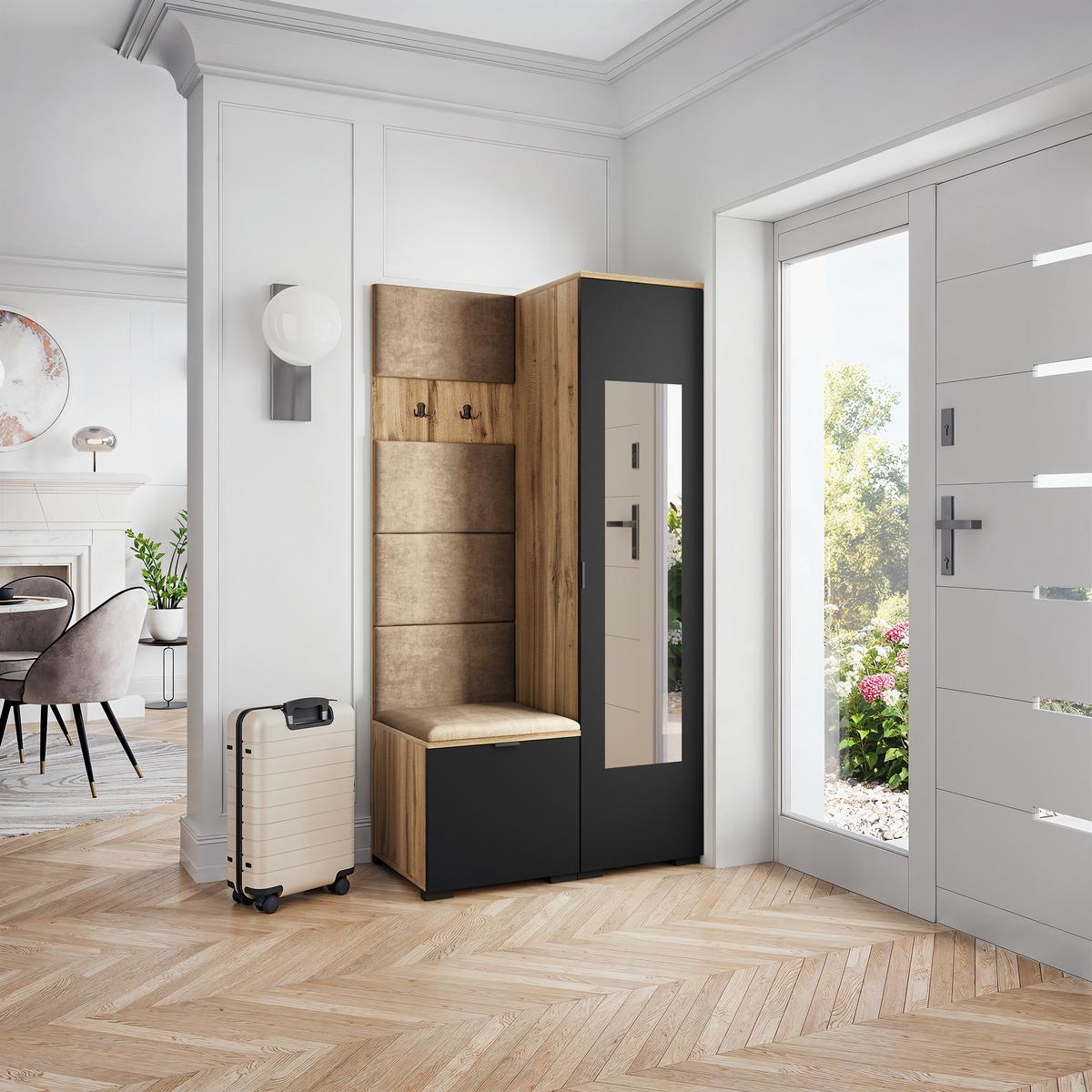 GARDEROBENSCHRANK VIRA 95/181/51 cm Modern Garderobe-Set Eiche Wotan - Eiche Wotan/Schwarz, Holzwerkstoff (95/181/51cm) - MASSENO