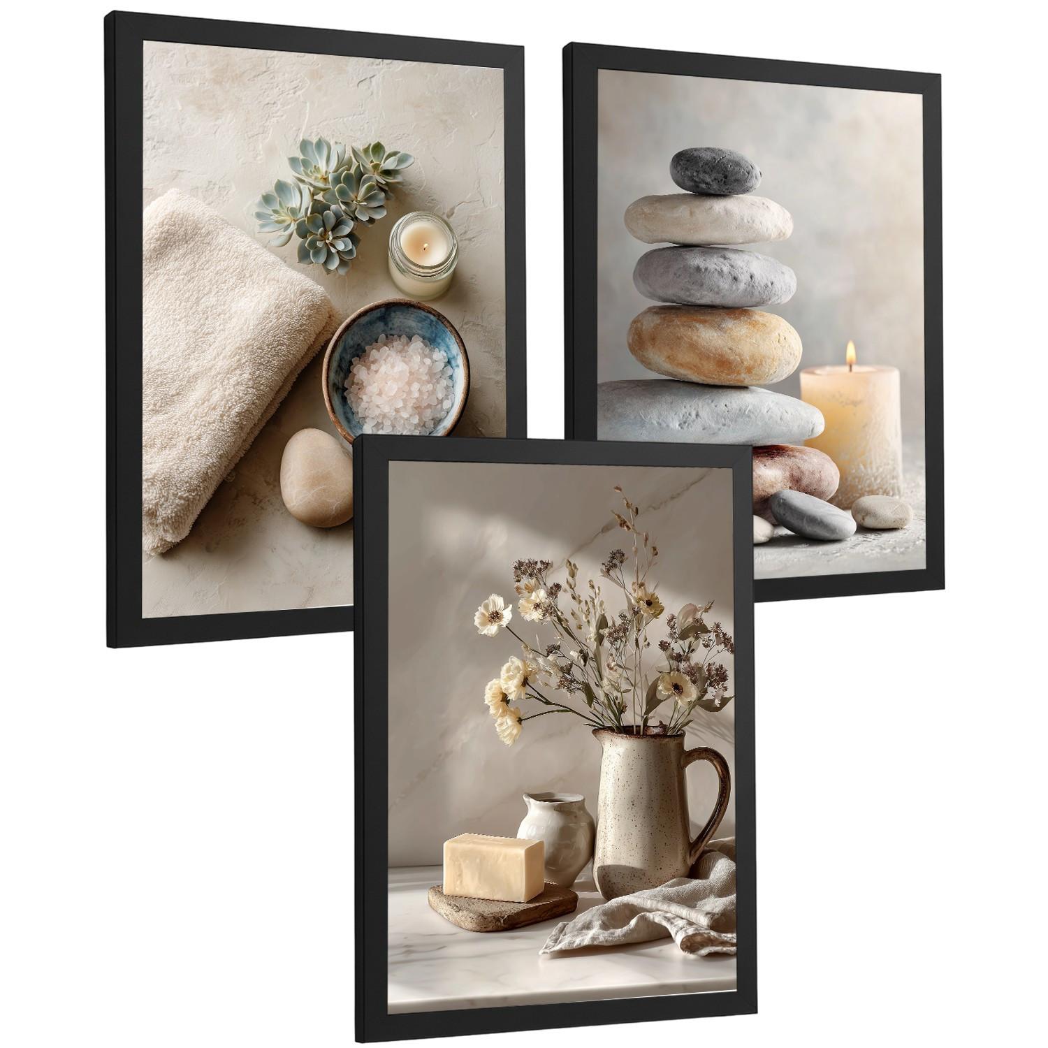 POSTER 3er-Set dekorative Badezimmer Kunstdrucke, Zen-Spa-Stil, minimalistische Bilder mit Steinen, Kerzen und Blumen, Schwarzer Rahmen A3 - Schwarz, Papier (42/29.7/3cm) - Nacnic