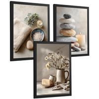 POSTER 3er-Set dekorative Badezimmer Kunstdrucke, Zen-Spa-Stil, minimalistische Bilder mit Steinen, Kerzen und Blumen, Schwarzer Rahmen A3 - Schwarz, Papier (42/29.7/3cm) - Nacnic