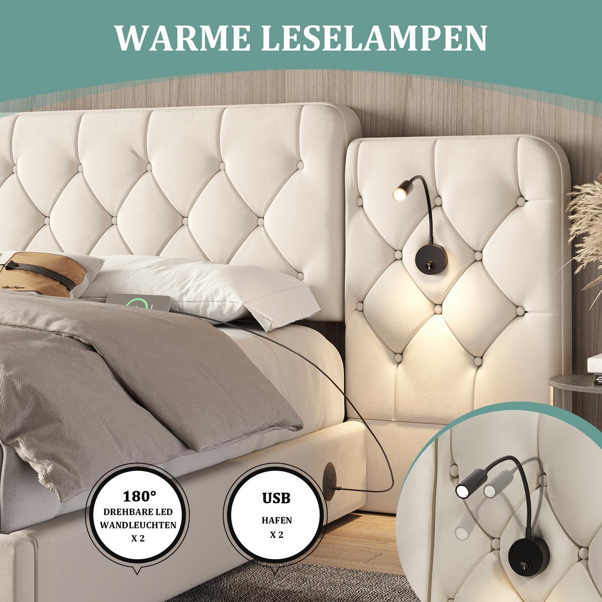 POLSTERBETT Samt Beige 160x200 cm mit LED Leseleuchten & USB-Anschluss - Beige, Textil (160/200cm) - Urban Meuble