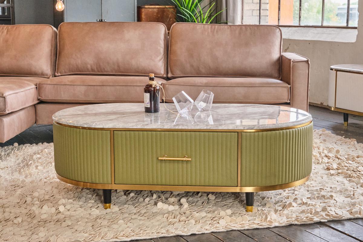 COUCHTISCH MARIA Grün Marmor, Kunstleder - Olivgrün/Braun, Stein/Metall (70/130/45cm) - KAWOLA