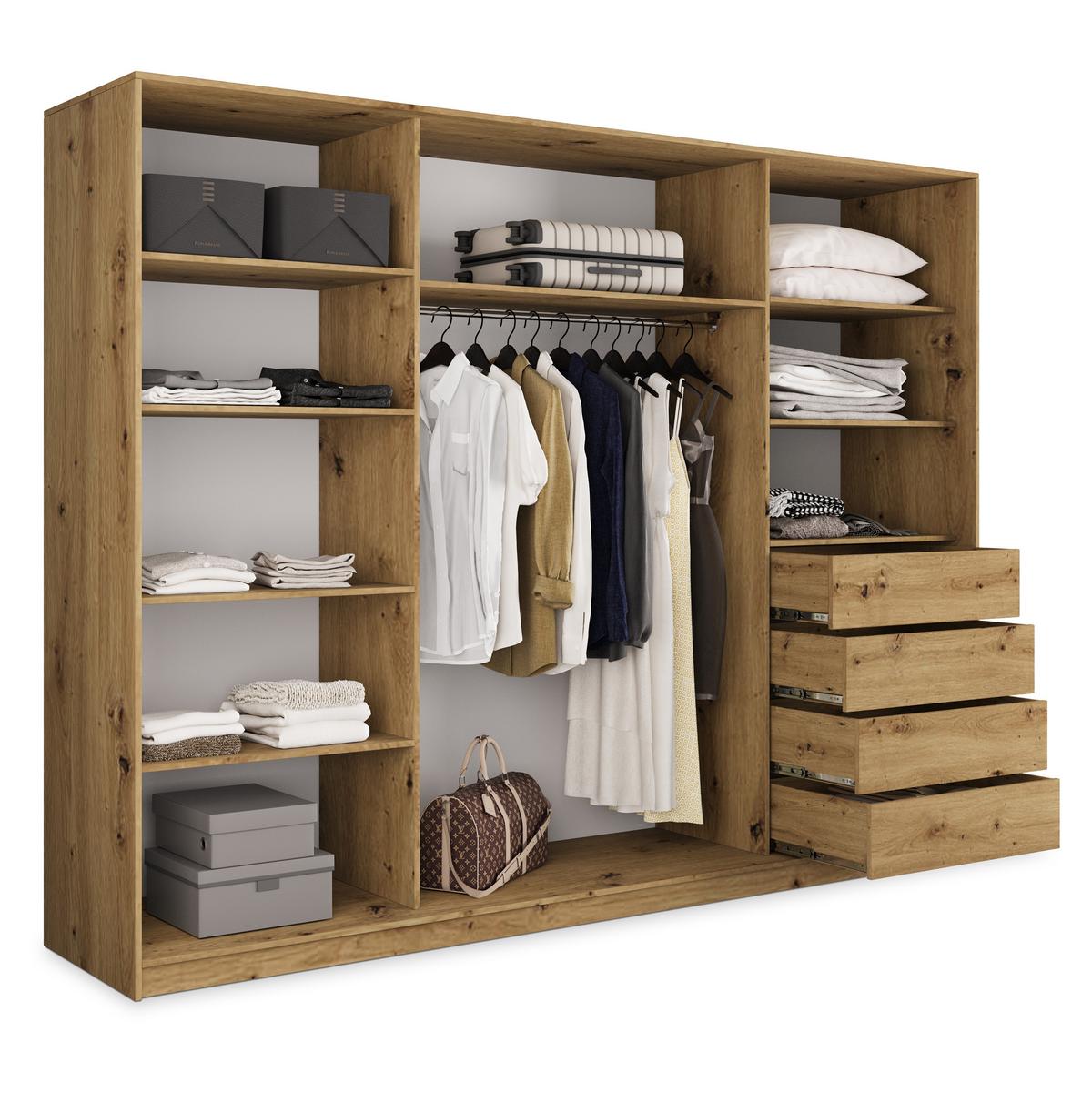 SCHWEBETÜRENSCHRANK NATA 235/205/58 cm 3-türig mit Spiegel und Schubladen Schwarz / Eiche Artisan - Schwarz/Eiche Artisan, Holzwerkstoff (235/205/58cm) - MASSENO
