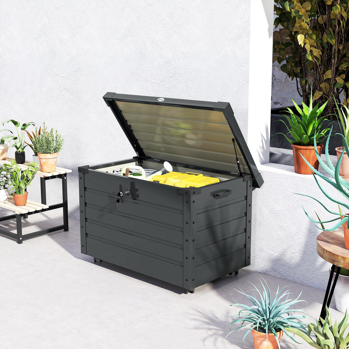 AUFBEWAHRUNGSKISTE mit Rollen mit Schloss, für Balkon, Terrasse, Stahl, Dunkelgrau - Dunkelgrau, Metall (62/65/100cm) - Outsunny
