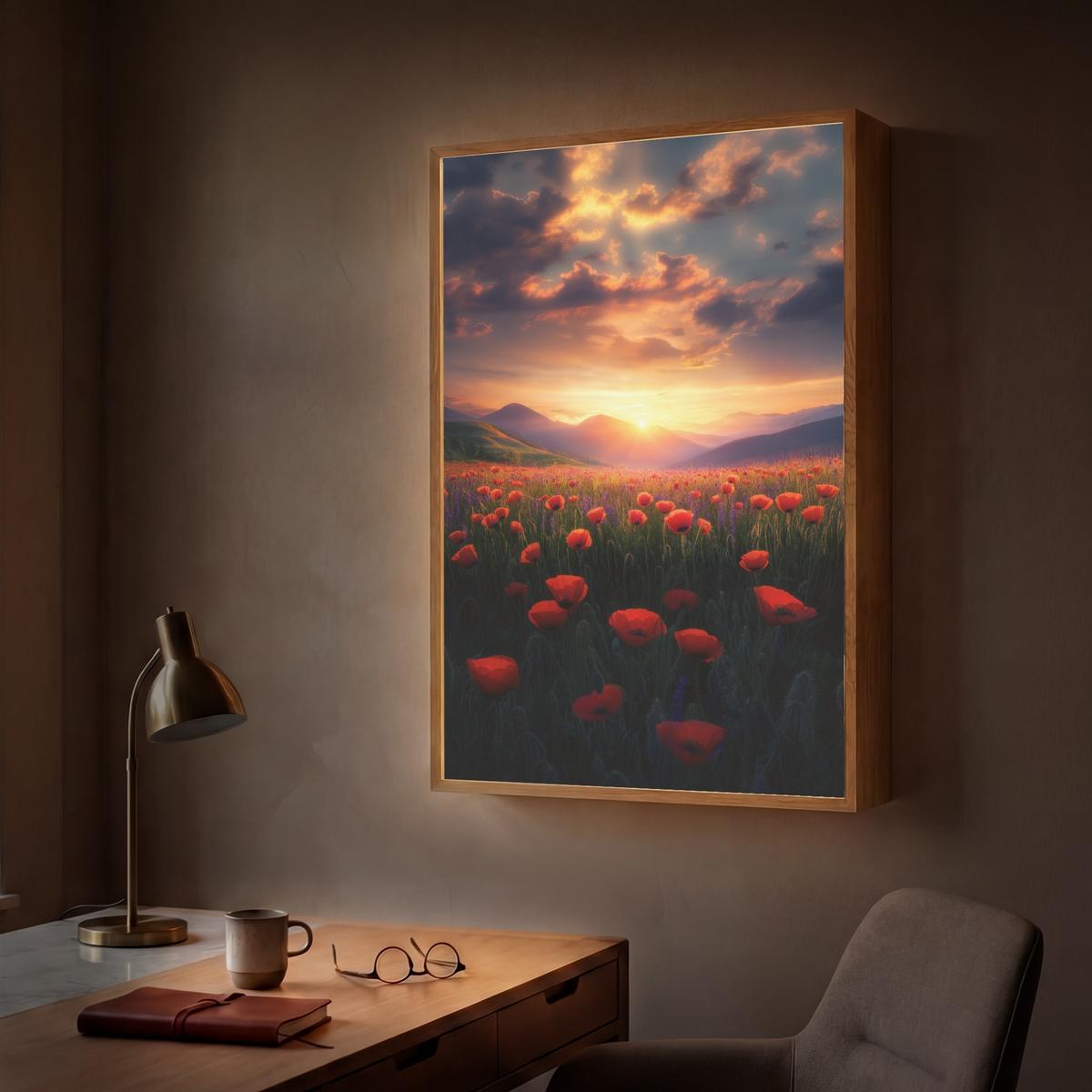 WANDLEUCHTE MIT AKKU Landschaft - Sonnenuntergang - Blumenfeld 60x90 cm - Rot, Holzwerkstoff (60/90/8cm) - OnlyWow