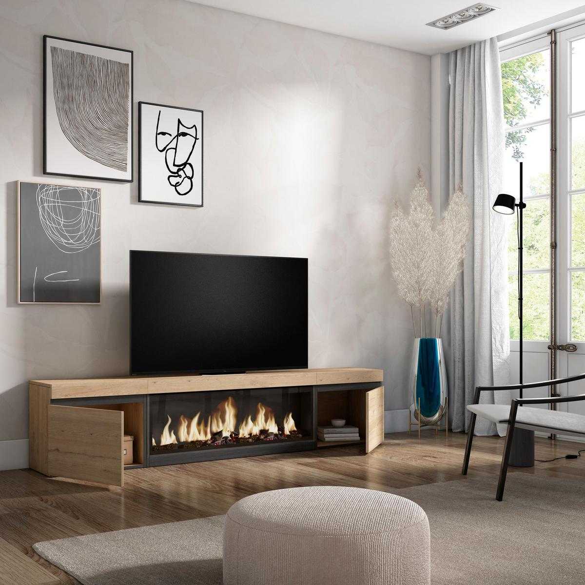 LOWBOARD, Tv-Schrank, mit Elektrokamin XXL, Eiche, 208/35/45cm - Eichefarben/Multicolor, Holzwerkstoff (208/45/35cm) - Skraut Home