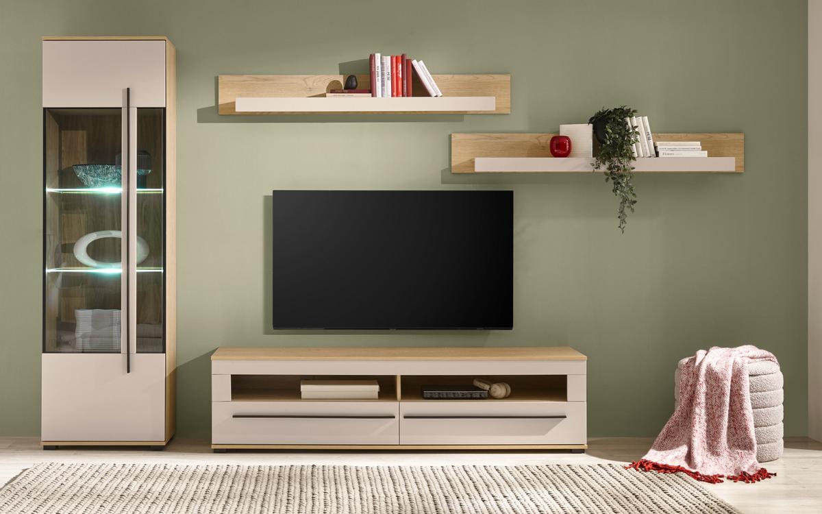 WOHNWAND Kaschmir, Eiche 4-teilig 240 cm, Wohnkombination mit Soft-Close - Kaschmir/Eichefarben, Glas/Holzwerkstoff (240/200/42cm) - Furn.Design