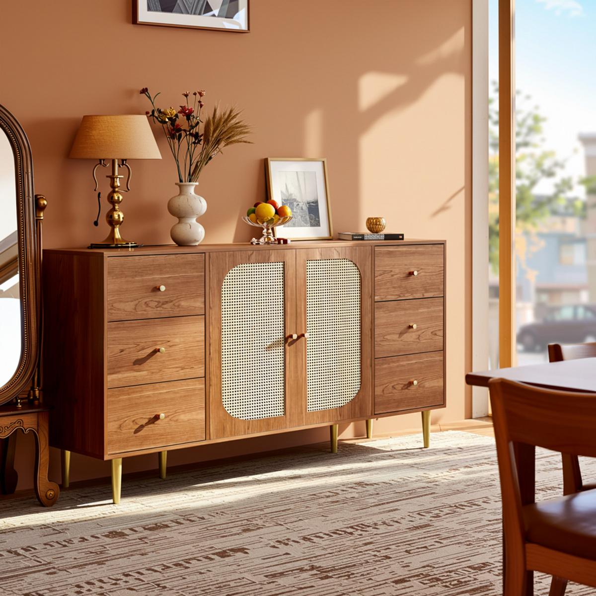 SIDEBOARD 160 cm Holzoptik & Rattan Kommode mit 6 Schubladen und 2 Türen - Eichefarben, Holzwerkstoff (160/90/40cm) - Urban Meuble