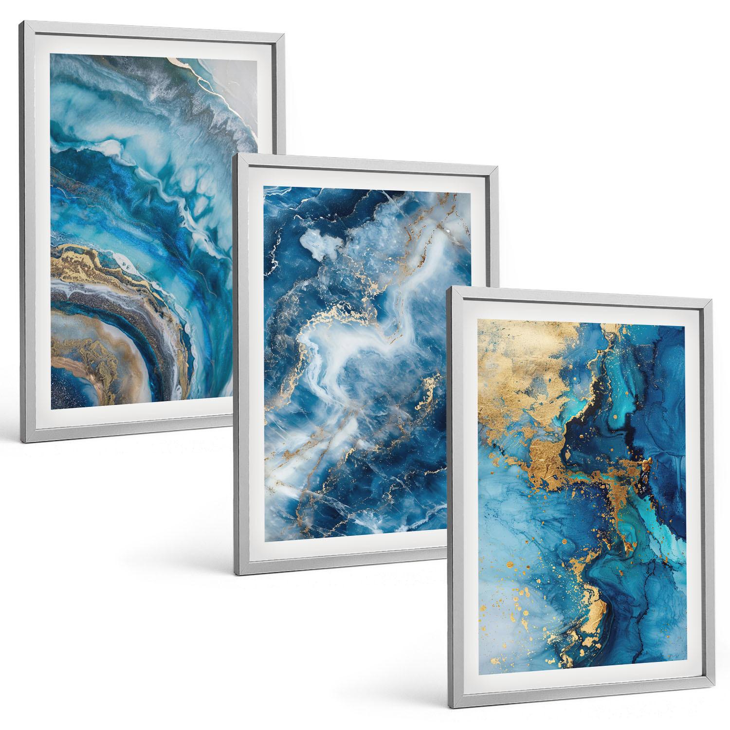 BILDER SET 3er Set - 40x60 cm Silberner Rahmen - Blaue abstrakte Muster - Silberfarben, Kunststoff (40/60cm) - TULUP