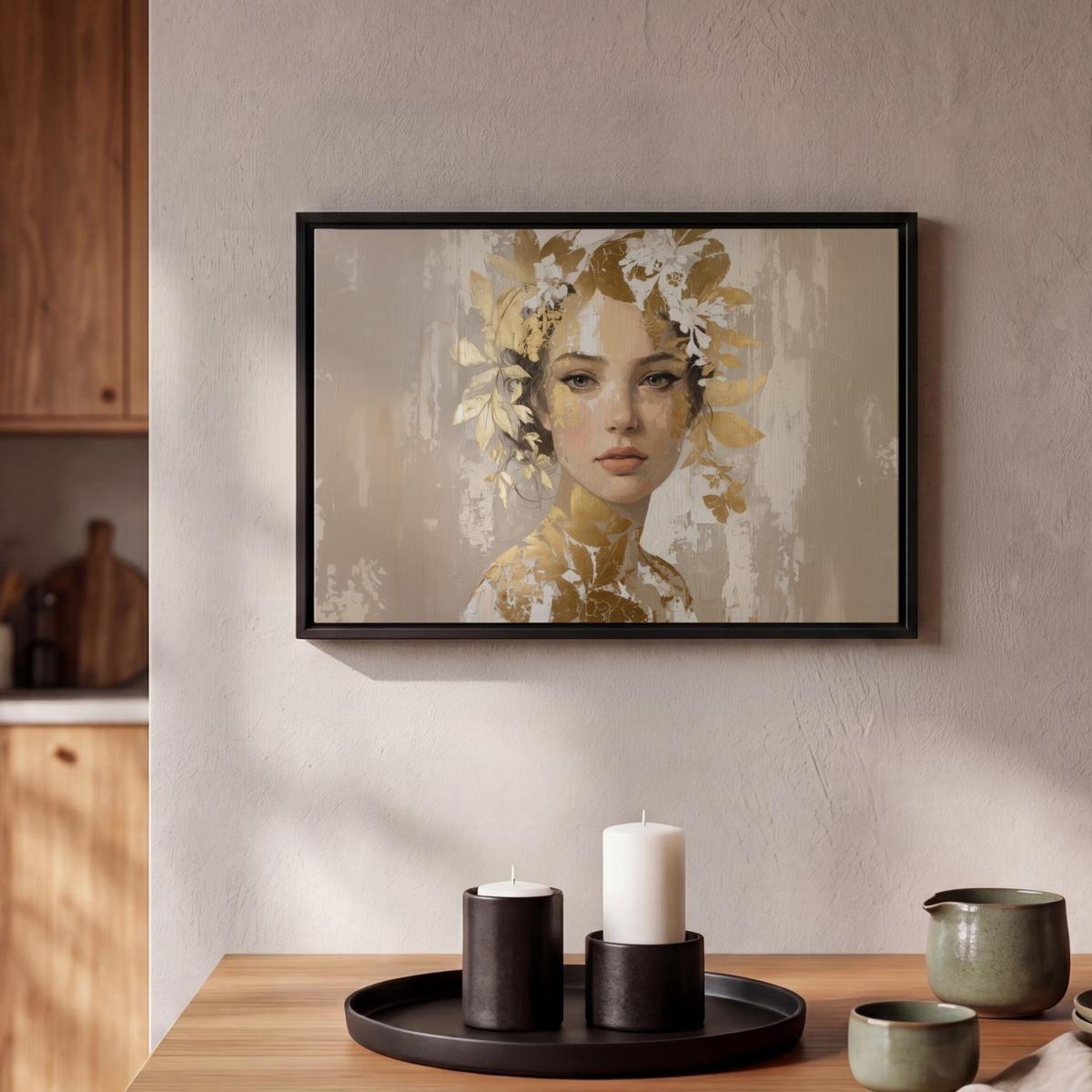 LEINWAND Bilder mit Rahmen - Gesicht - Frau - Blätter - Gold - 30x20 - Beige, Textil (30/20cm) - MuchoWow