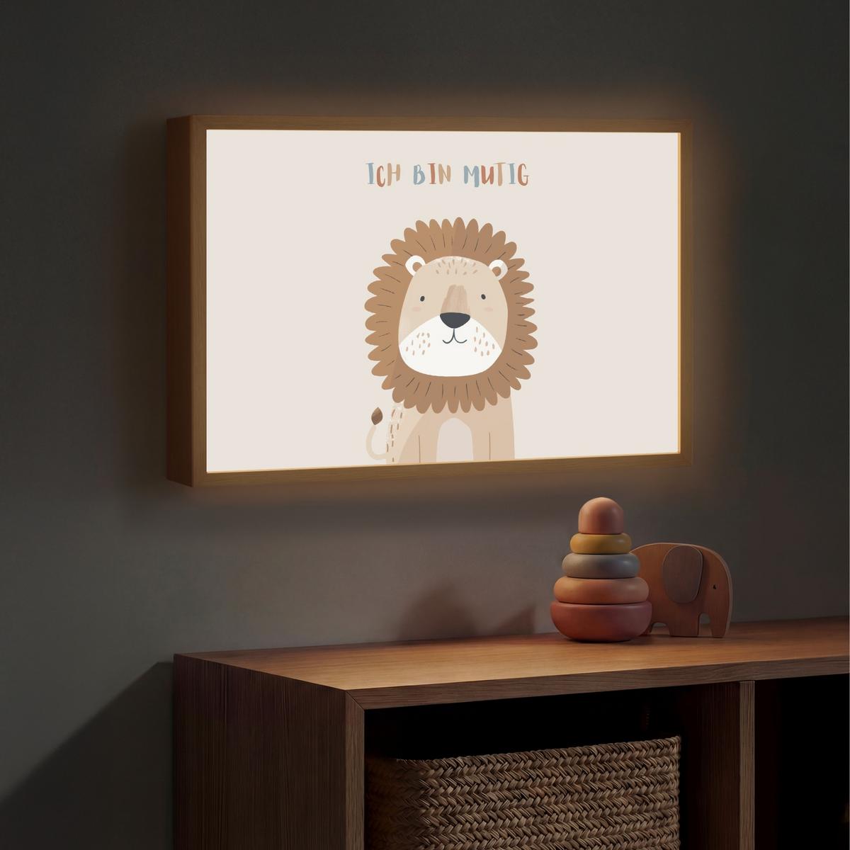 WANDLEUCHTE MIT AKKU Löwe - Beige - Tier - Mutig - Zitat 60x40 cm - Beige, Holzwerkstoff (60/40/8cm) - OnlyWow