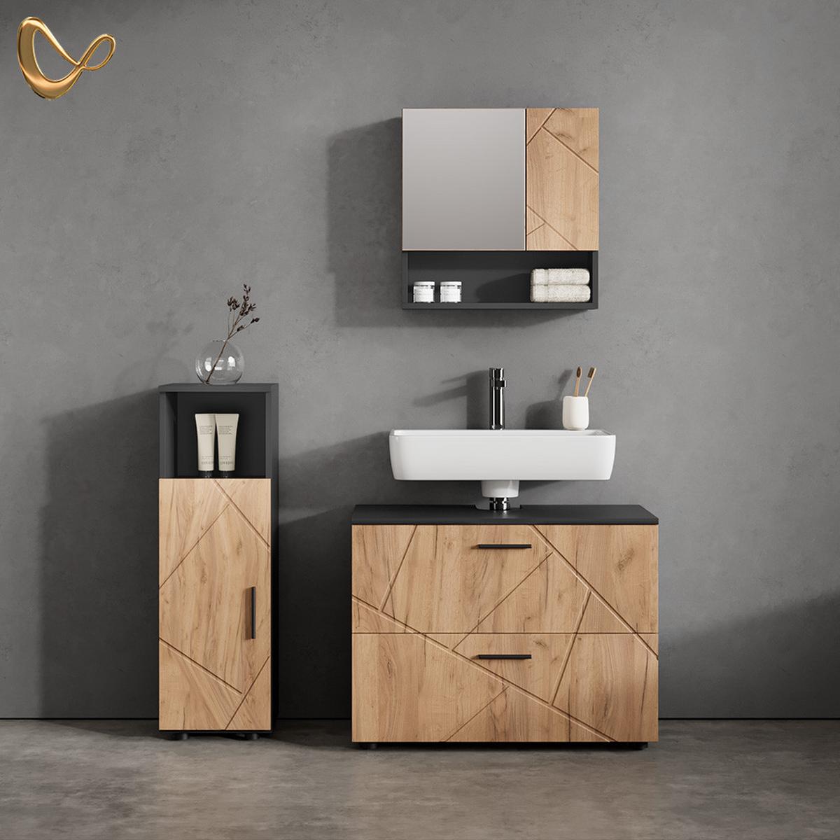 BADMÖBEL-SET Ronco Goldkraft Eiche/Anthrazit 3 Teile, mit Midischrank - Honigeiche/Anthrazit, Holzwerkstoff (54/55/41cm) - Livinity®