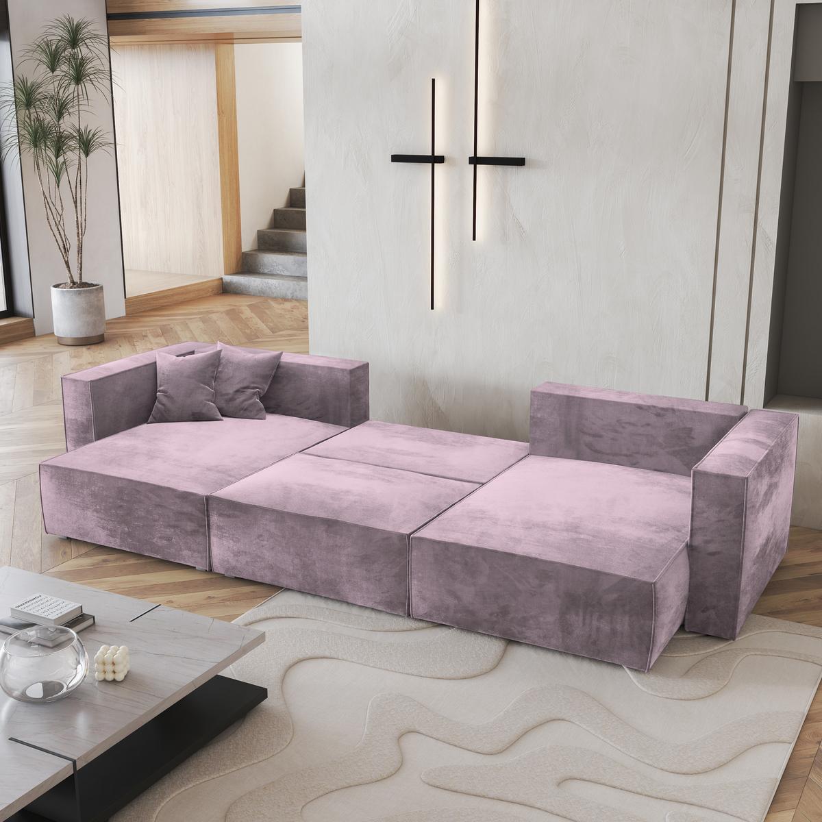 WOHNLANDSCHAFT SARMO M Lila Velours-Stoff mit Schlaffunktion - Lila/Grau, Holz/Kunststoff (347/70/148cm) - MASSENO