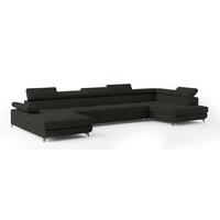 WOHNLANDSCHAFT MONTIVA Schwarz Velours-Stoff mit Schlaffunktion - Schwarz, Holz (410/89/190cm) - MASSENO