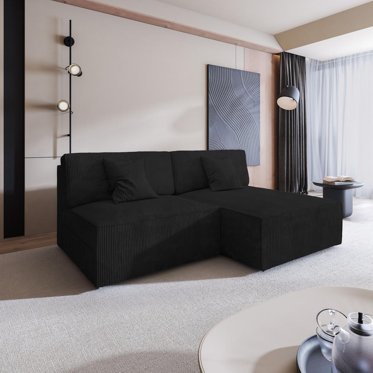 ECKSOFA FIORO P Schwarz Kordstoff mit Schlaffunktion - Schwarz/Grau, Holz/Kunststoff (204/148cm) - MASSENO