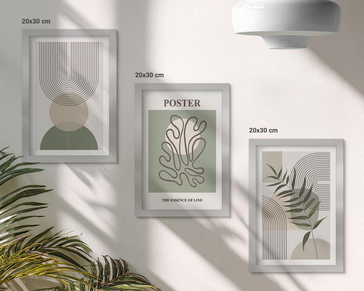 BILDER SET 3er Set - 20x30 cm Silberner Rahmen - Geometrische botanische Muster - Silberfarben, Kunststoff (20/30cm) - TULUP