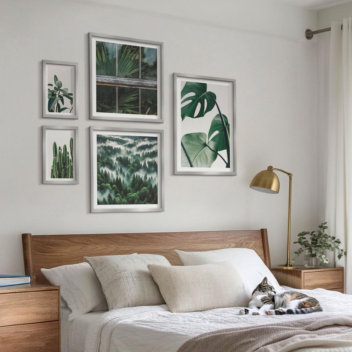 BILDER SET 5er Set - 50x50 cm & 20x30 cm & 40x60 cm Silberner Rahmen - Ästhetik tropischer Pflanzen - Silberfarben, Kunststoff (40/60cm) - TULUP